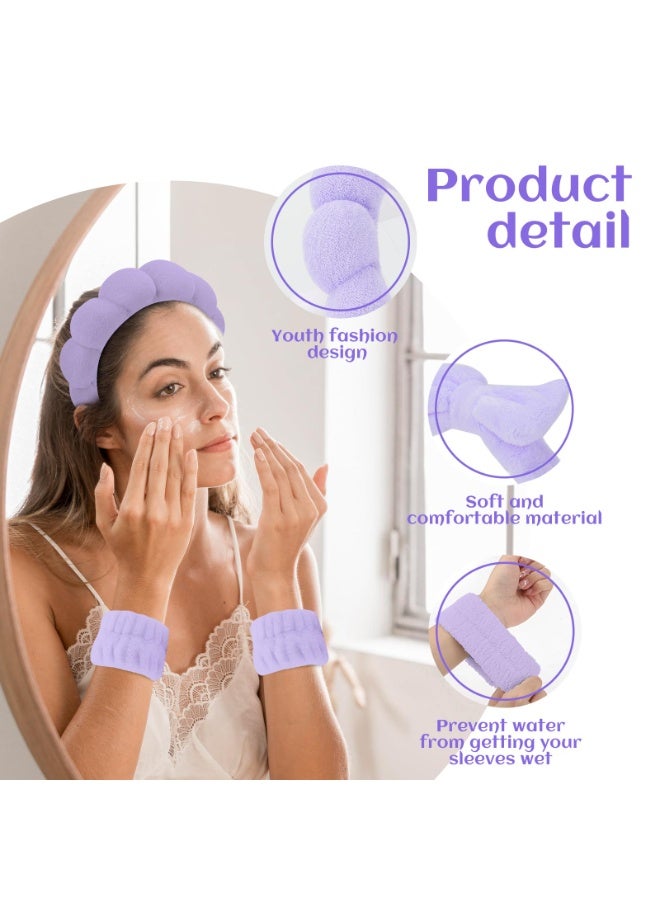 JUMEI 4 Pack Purple Spa Headband &  Wristbands Set, Soft Makeup Skincare Headbands with Bow, Face Wash Hair Accessories for Women - Image 2
